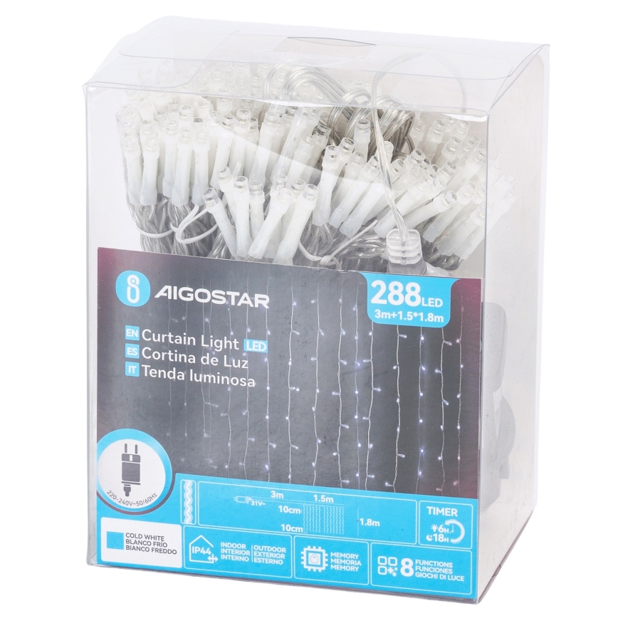 Aigostar - LED zunanji božični niz 288xLED/8 načinov 1,5x1,8m IP44 hladna bela