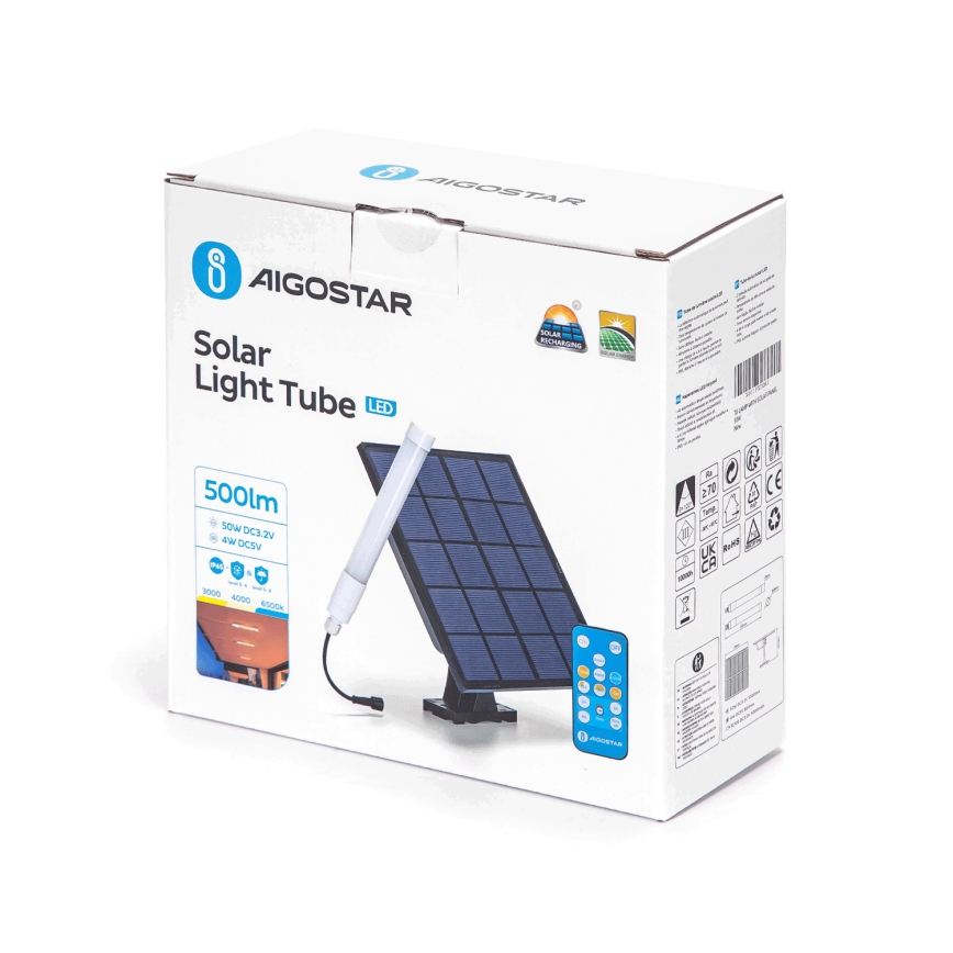 Aigostar - LED Zatemnitvena cev s solarnim panelom LED/3,2V 3000K/4000K/6500K IP65 5000 mAh + Daljinski upravljalnik