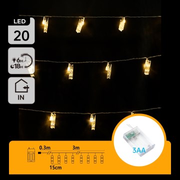 Aigostar - LED dekorativna veriga s sponkami 20xLED/3xAA 3,3m topla bela