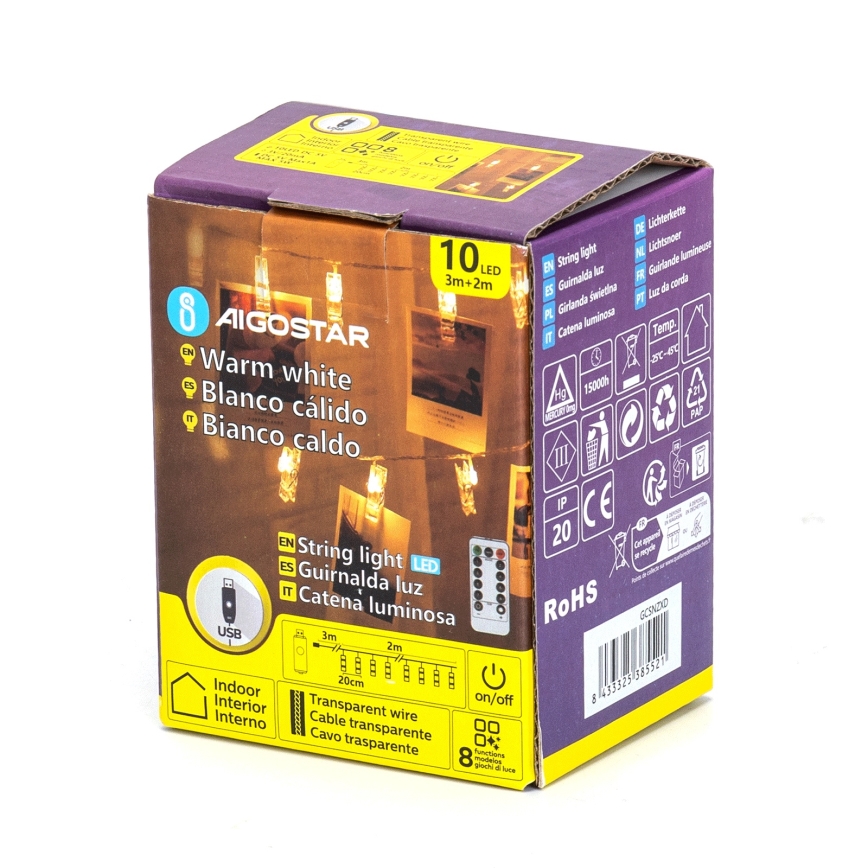 Aigostar - LED dekorativni niz 10xLED/5W/USB 5 m topla bela