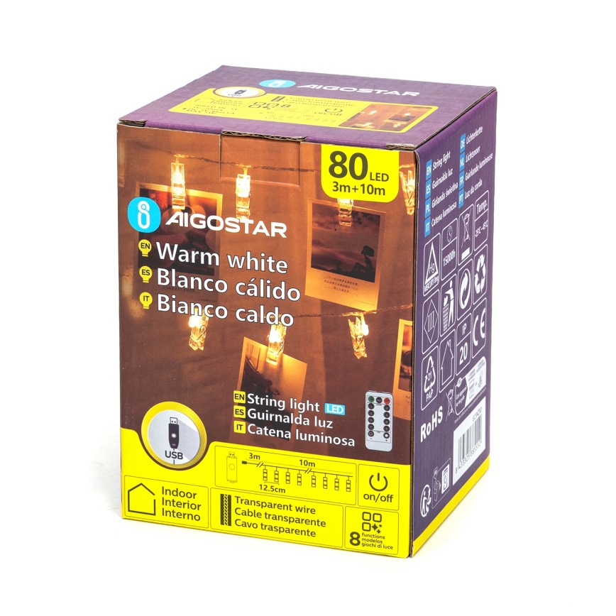 Aigostar - LED dekorativni niz 80xLED/5W/USB 13 m topla bela