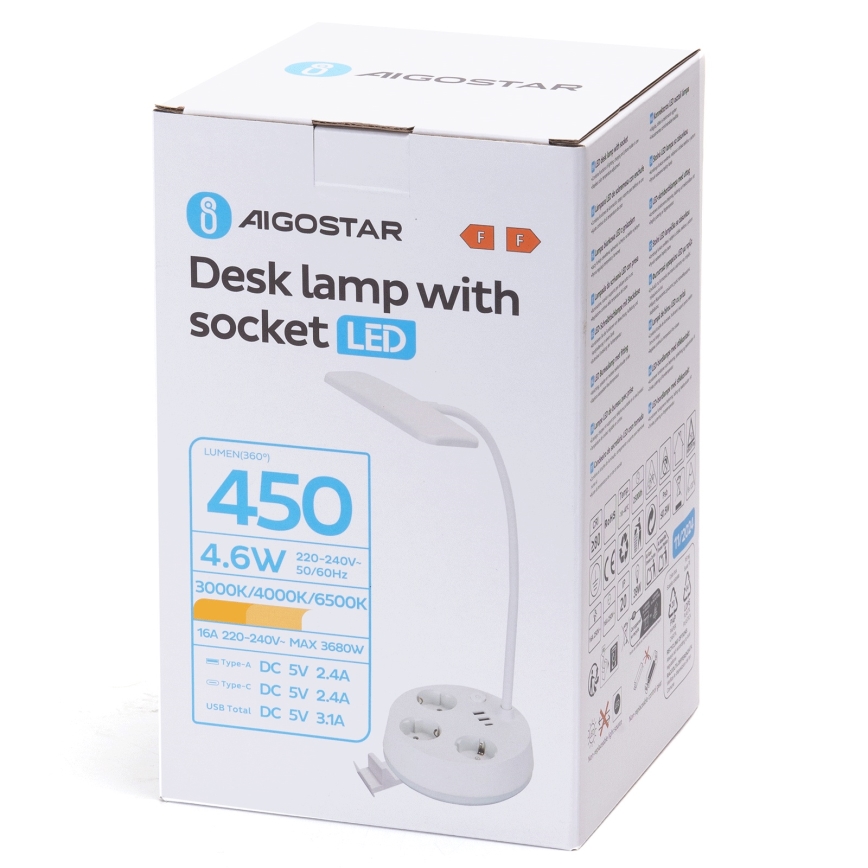 Aigostar - LED Dimmable namizna svetilka z vtičnicami in USB LED/4,6W/230V 3000/4000/6500K bela