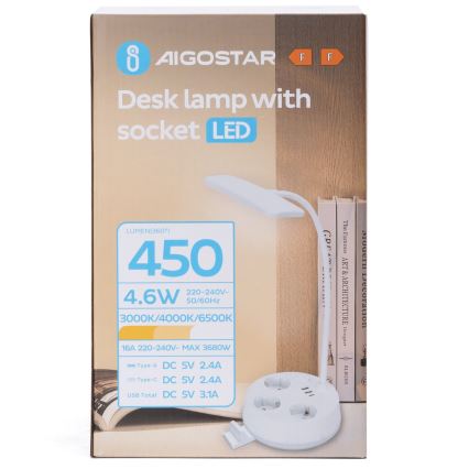 Aigostar - LED Dimmable namizna svetilka z vtičnicami in USB LED/4,6W/230V 3000/4000/6500K bela