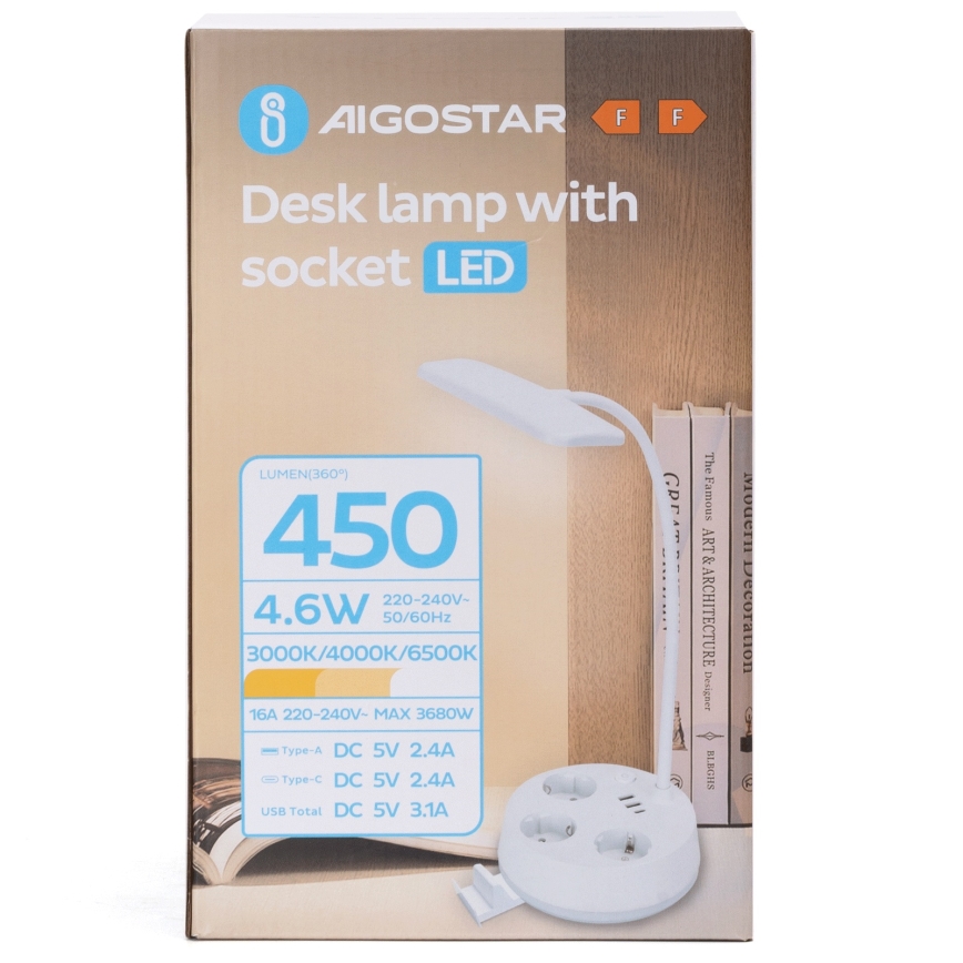 Aigostar - LED Dimmable namizna svetilka z vtičnicami in USB LED/4,6W/230V 3000/4000/6500K bela