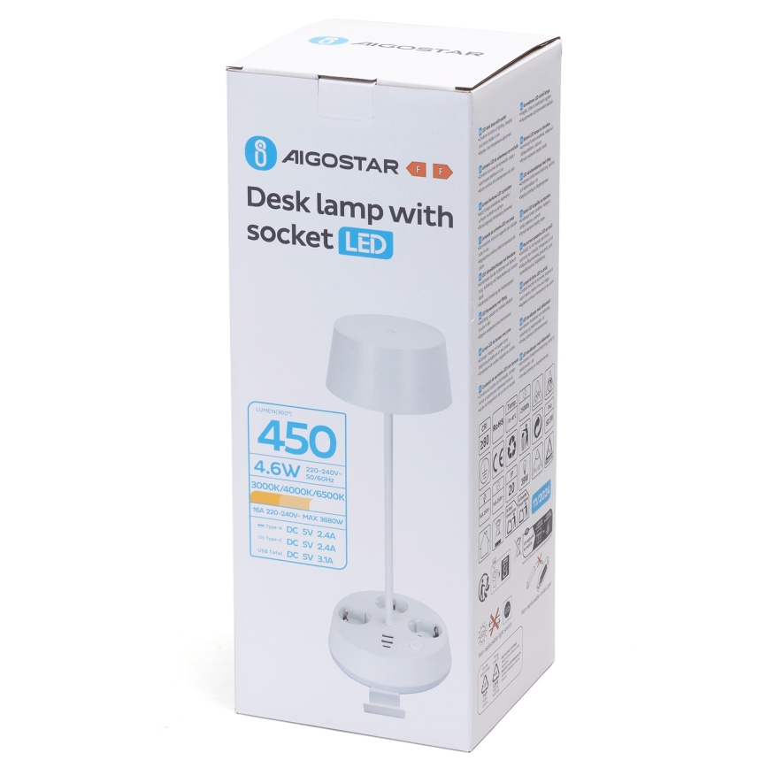 Aigostar - LED Dimmable namizna svetilka z vtičnicami in USB LED/4,6W/230V 3000/4000/6500K bela