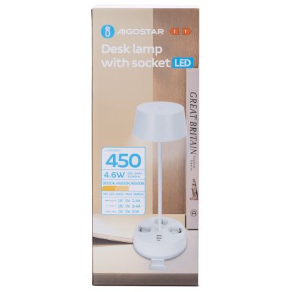 Aigostar - LED Dimmable namizna svetilka z vtičnicami in USB LED/4,6W/230V 3000/4000/6500K bela