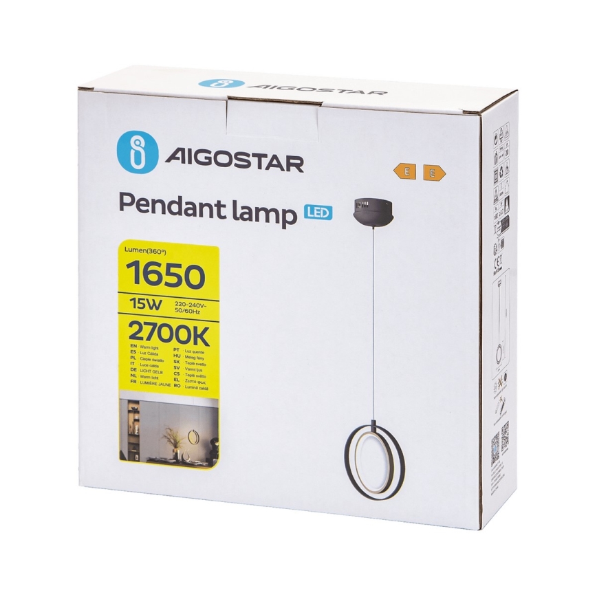 Aigostar - LED Lestenec na vrvici LED/15W/230V 2700K črna