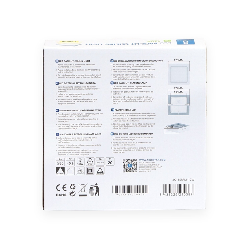 Aigostar - LED Nadgradna stropna svetilka LED/12W/230V 17,3x17,3 cm 3000K bela