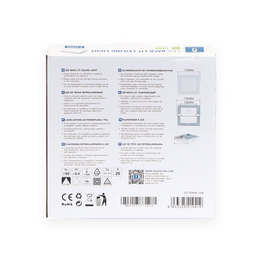Aigostar - LED Nadgradna stropna svetilka LED/12W/230V 17,3x17,3 cm 6500K bela
