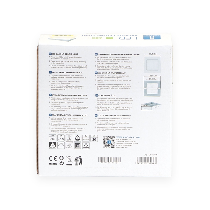 Aigostar - LED Nadgradna stropna svetilka LED/6W/230V 12,2x12,2 cm 3000K bela