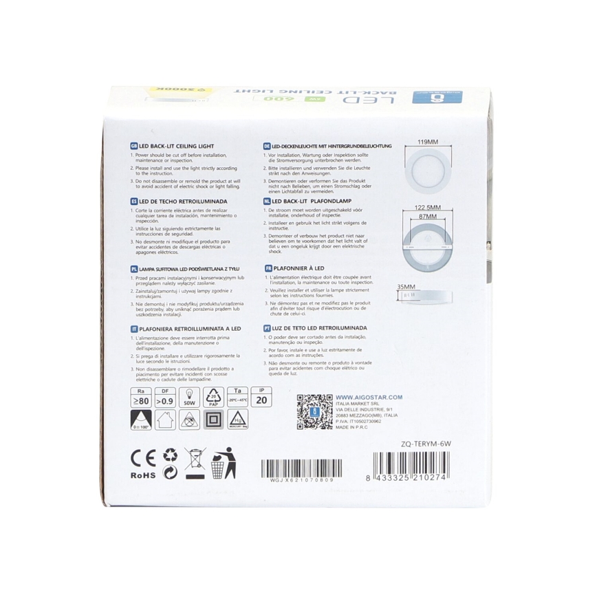 Aigostar - LED Nadgradna stropna svetilka LED/6W/230V pr. 12,3 cm 3000K bela