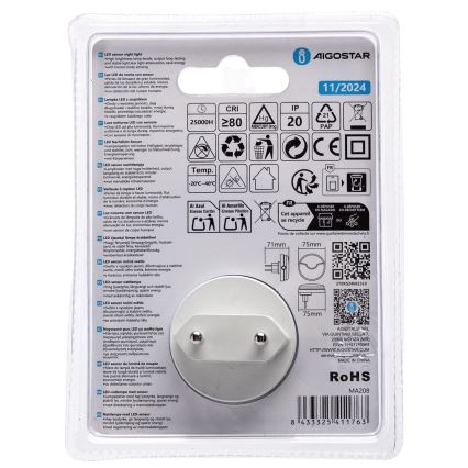 Aigostar - LED Nočna lučka s senzorjem mraka LED/0,5W/230V 3000K
