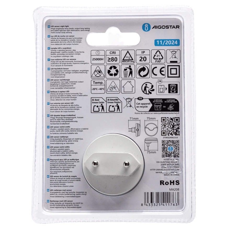 Aigostar - LED Nočna lučka s senzorjem mraka LED/0,5W/230V 3000K