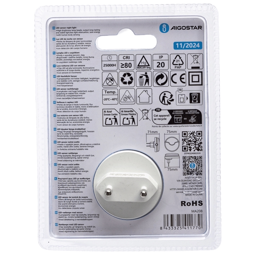 Aigostar - LED Nočna lučka s senzorjem mraka LED/0,5W/230V 6500K