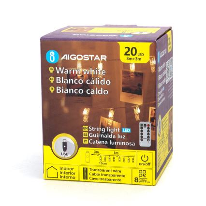 Aigostar - LED okrasna veriga 20xLED/5W/USB 6 m topla bela