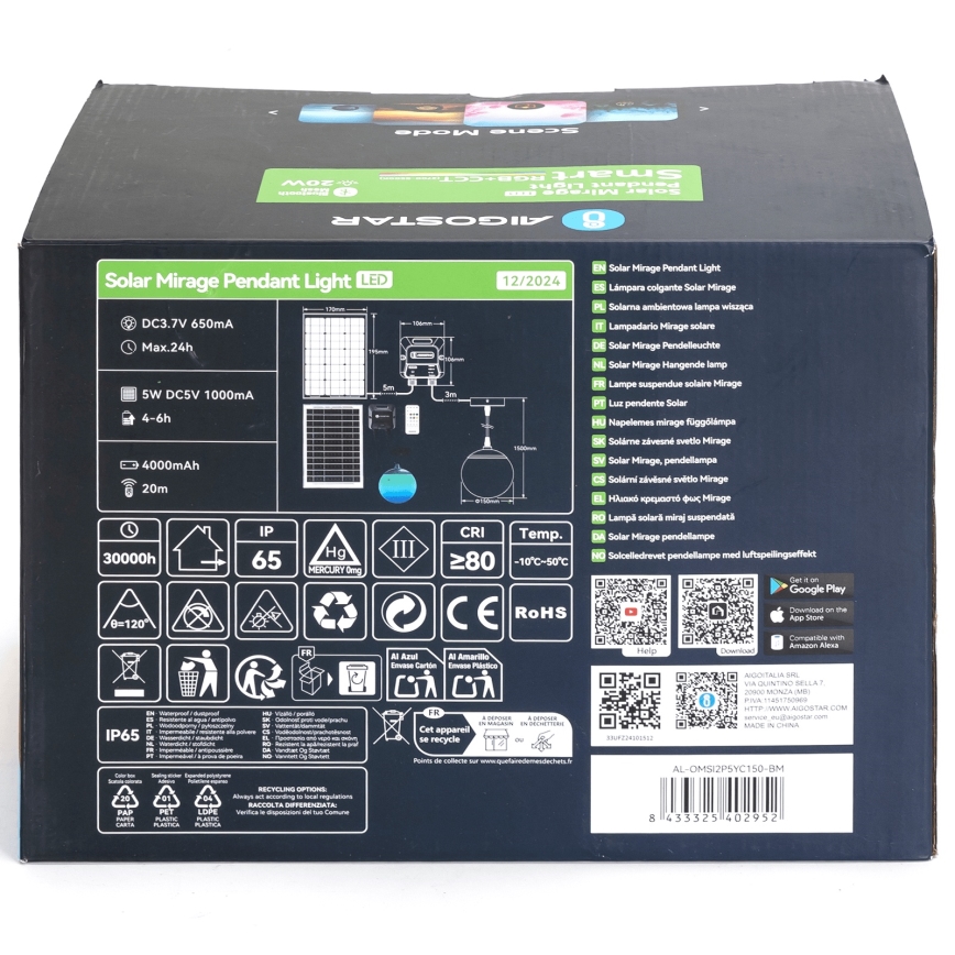 Aigostar - LED RGB Zatemnitvena solarna lestenec MESH LED/20W/3,7V 4000 mAh 2700K-6500K IP65 pr. 15 cm
