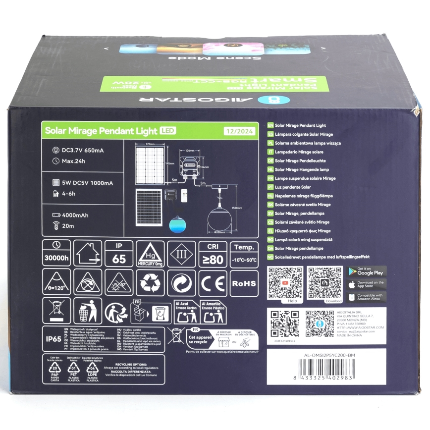 Aigostar - LED RGB Zatemnitvena solarna lestenec MESH LED/20W/3,7V 4000 mAh 2700K-6500K IP65 pr. 20 cm