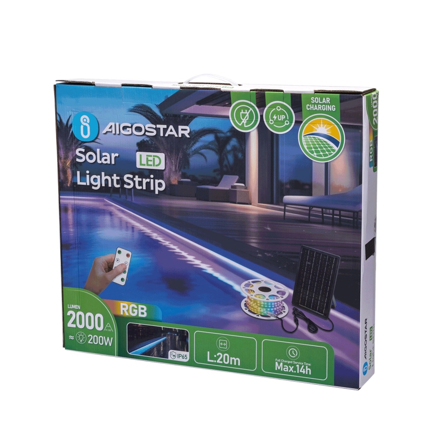 Aigostar - LED RGB Zatemnitveni solarni trak LED/20W/3,2V 20 m IP65 20000 mAh + Daljinski upravljalnik
