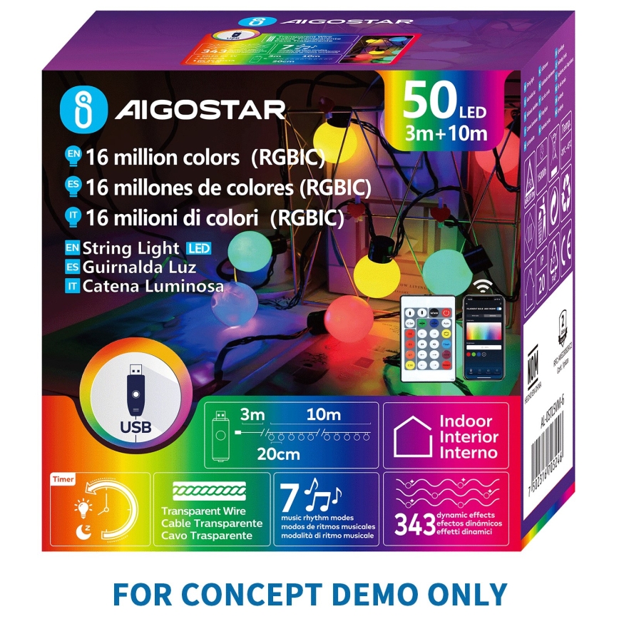 Aigostar - LED RGBIC okrasne lučke 25xLED/5W/USB 5 m večbarvne