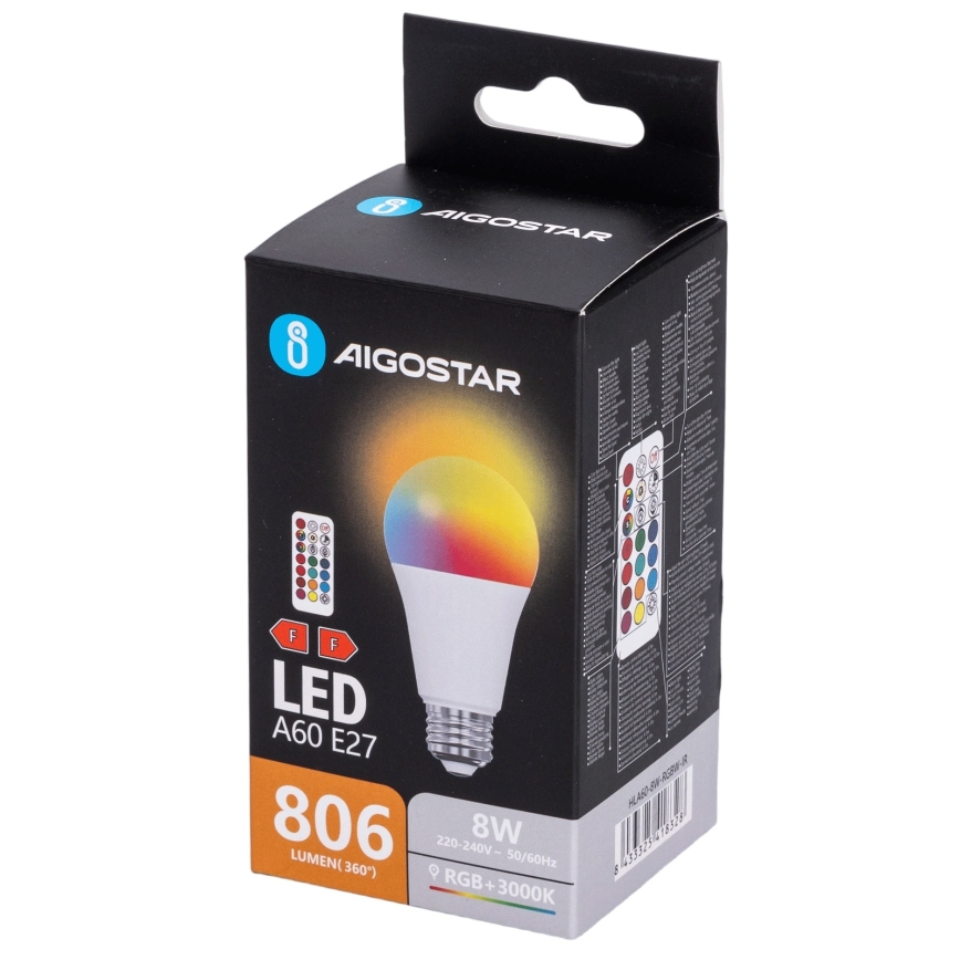 Aigostar - LED RGBW zatemnjiva žarnica A60 E27/8W/230V 3000K + daljinski upravljalnik