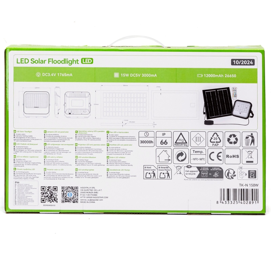 Aigostar - LED RGBW Zatemnitveni solarni reflektor LED/150W/3,4V IP66 12000 mAh + Daljinski upravljalnik
