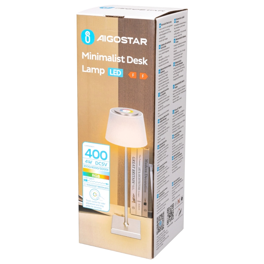 Aigostar - LED RGBW Zunanja zatemnitvena polnilna namizna svetilka LED/4W/5V 3600mAh bela/mat krom IP54