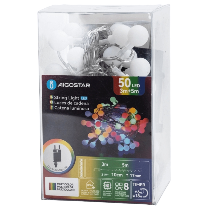 Aigostar - LED dekorativni zunanji niz 50xLED/8 funkcij 5 m IP44 večbarven