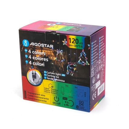 Aigostar - LED RGBY zunanji božični niz 120 LED/8 funkcij 3 x 0,6 m IP44 večbarven + daljinski upravljalnik