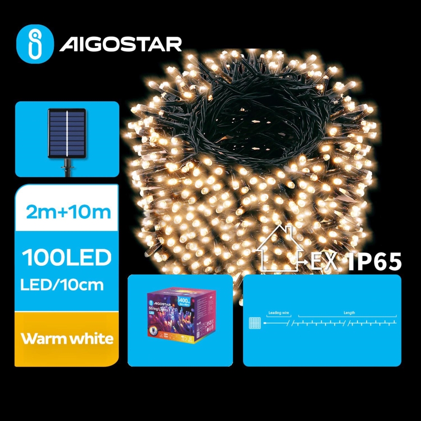 Aigostar - LED Solarna božična veriga 100xLED/8 funkcij 12m IP65 topla bela 800 mAh