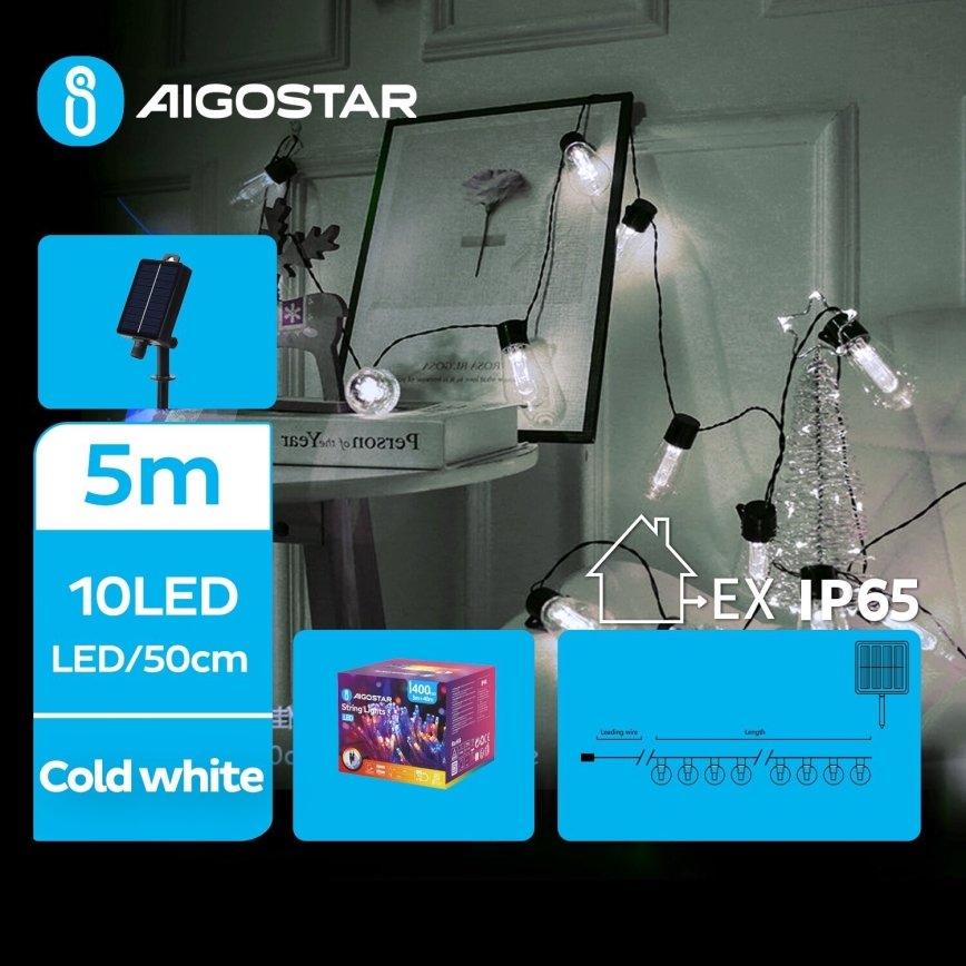 Aigostar - LED Solarna božična veriga 10xLED/8 funkcij 6,5m 500 mAh IP65 hladno bela