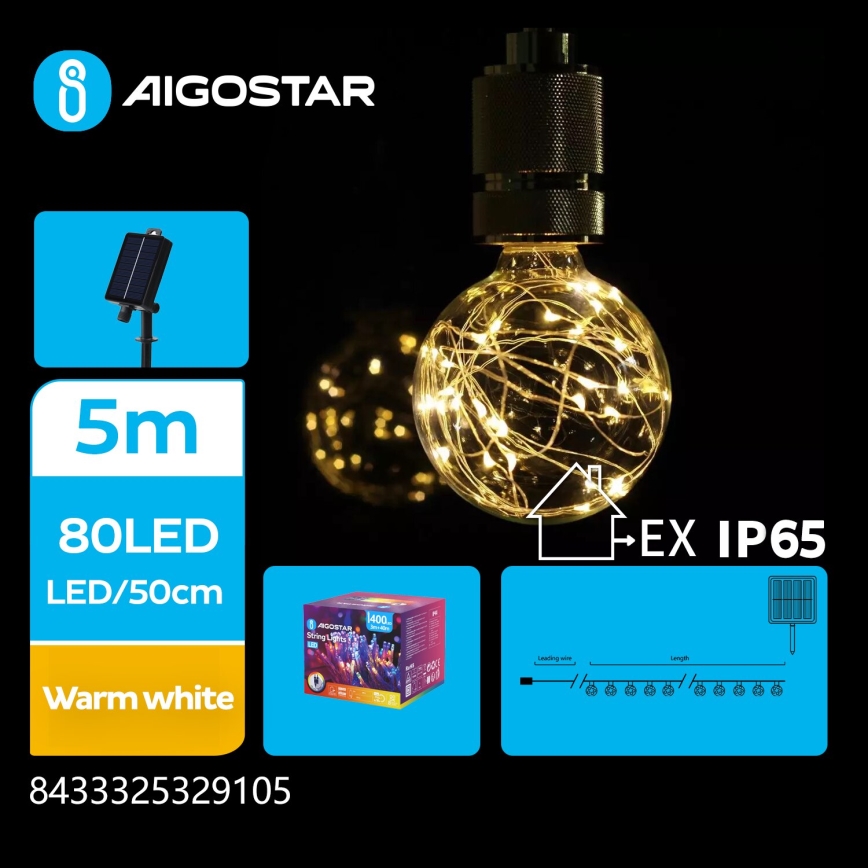 Aigostar - LED Solarna božična veriga 10xLED/8 funkcij 6,5m IP65 topla bela