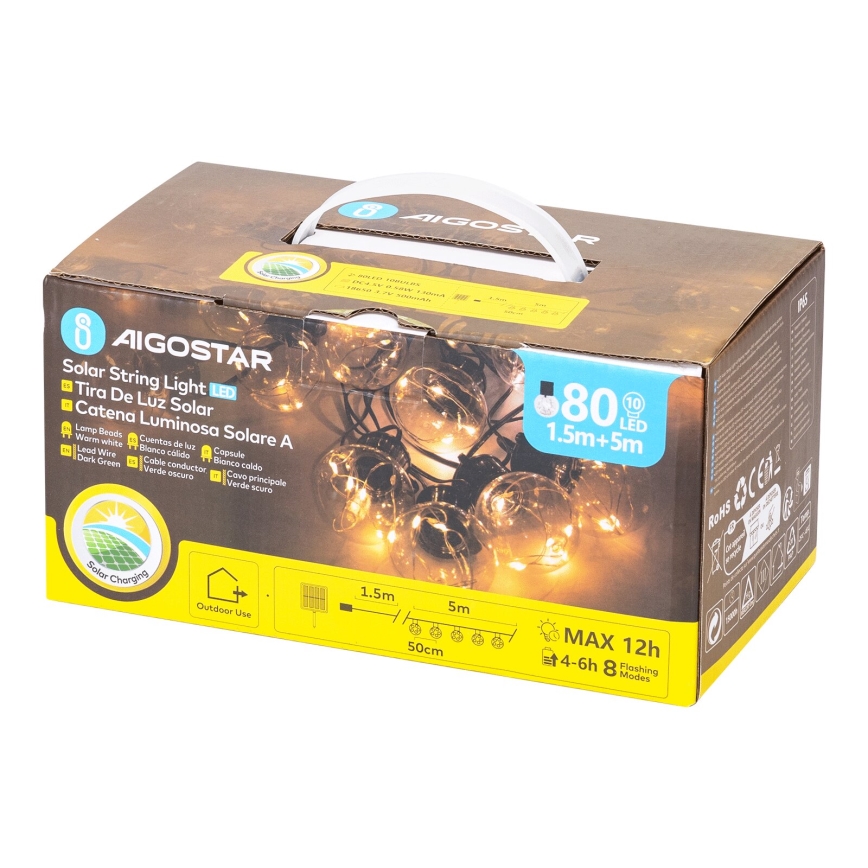 Aigostar - LED Solarna božična veriga 10xLED/8 funkcij 6,5m IP65 topla bela