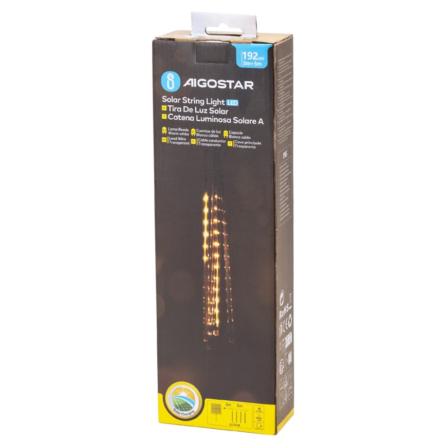 Aigostar - LED Solarna božična veriga 192xLED/8m IP65 1200 mAh topla bela