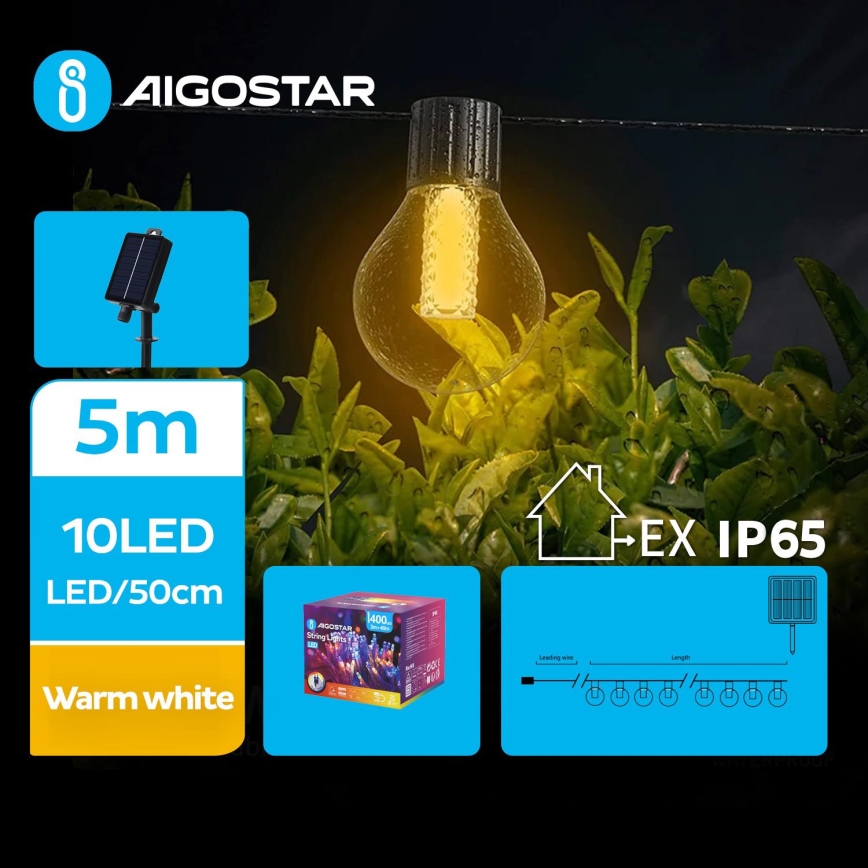 Aigostar - LED Solarna dekorativna veriga 10xLED/8 funkcij 5,5m IP65 topla bela