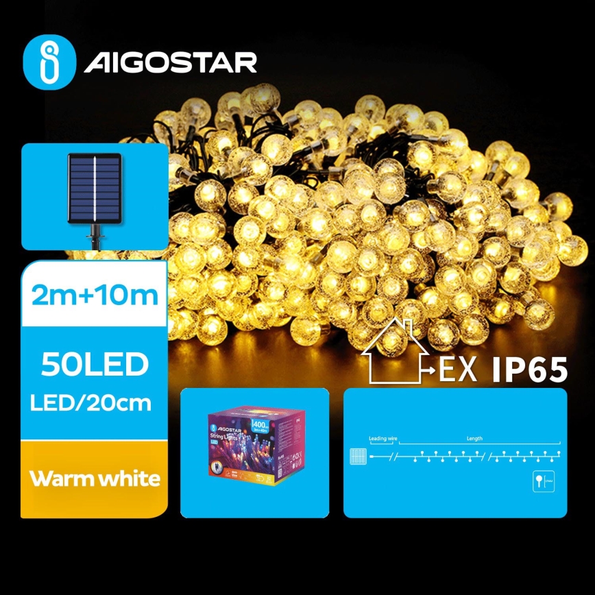 Aigostar - LED Solarna Dekorativna veriga 50xLED/8 funkcij 12m 800 mAh IP65 topla bela