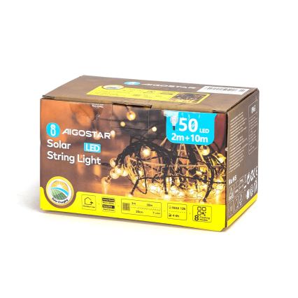 Aigostar - LED Solarna Dekorativna veriga 50xLED/8 funkcij 12m 800 mAh IP65 topla bela