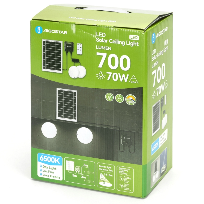 Aigostar - LED solarno stropno svetilo s senzorjem 2xLED/35W/3,7V 6000 mAh IP65 + daljinski upravljalnik