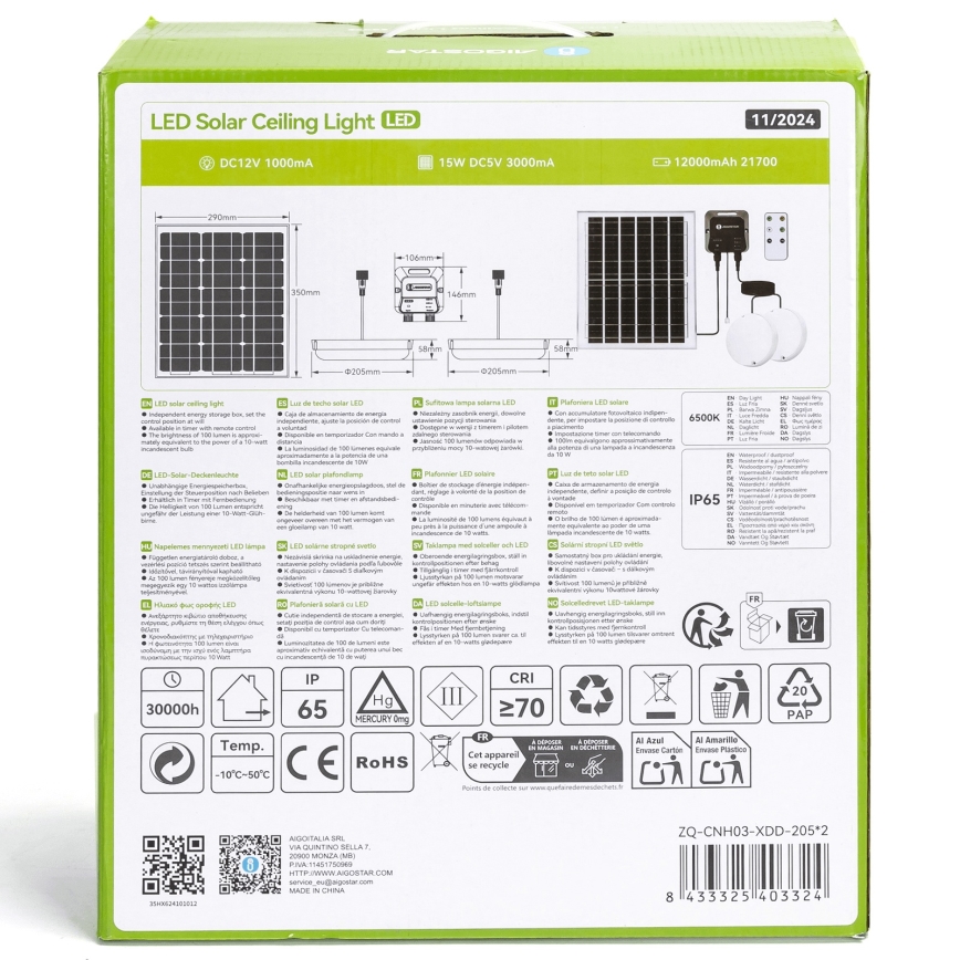 Aigostar - LED Solarna svetilka 2xLED/70W/12V 12000 mAh 6500K pr. 20,5 cm + Daljinski upravljalnik