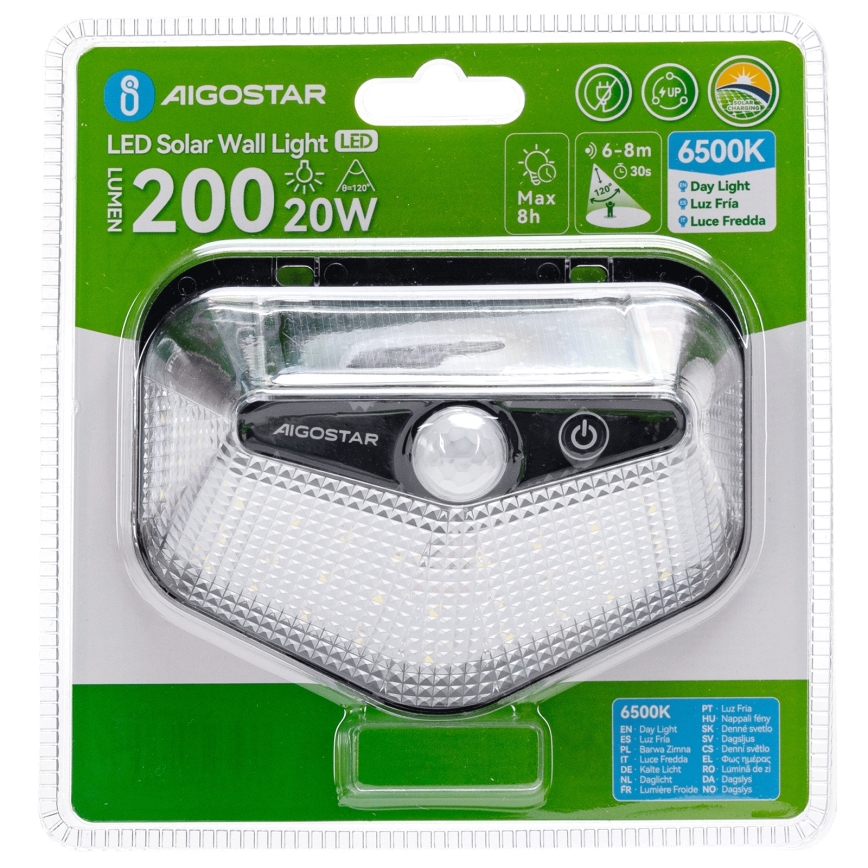 Aigostar - LED sončna svetilka s senzorjem LED/3,7V 6500K 500 mAh IP65 črna