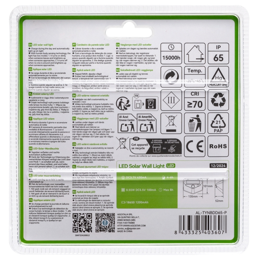 Aigostar - LED sončna svetilka s senzorjem LED/3,7V 6500K 500 mAh IP65 črna