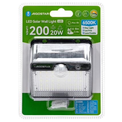 Aigostar - LED solarna svetilka z senzorjem LED/3,7V 6500K 1200 mAh IP65 črna