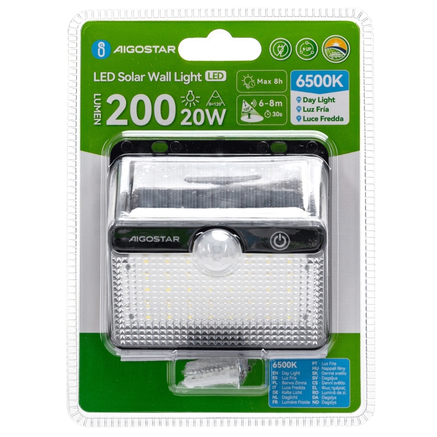 Aigostar - LED solarna svetilka z senzorjem LED/3,7V 6500K 1200 mAh IP65 črna