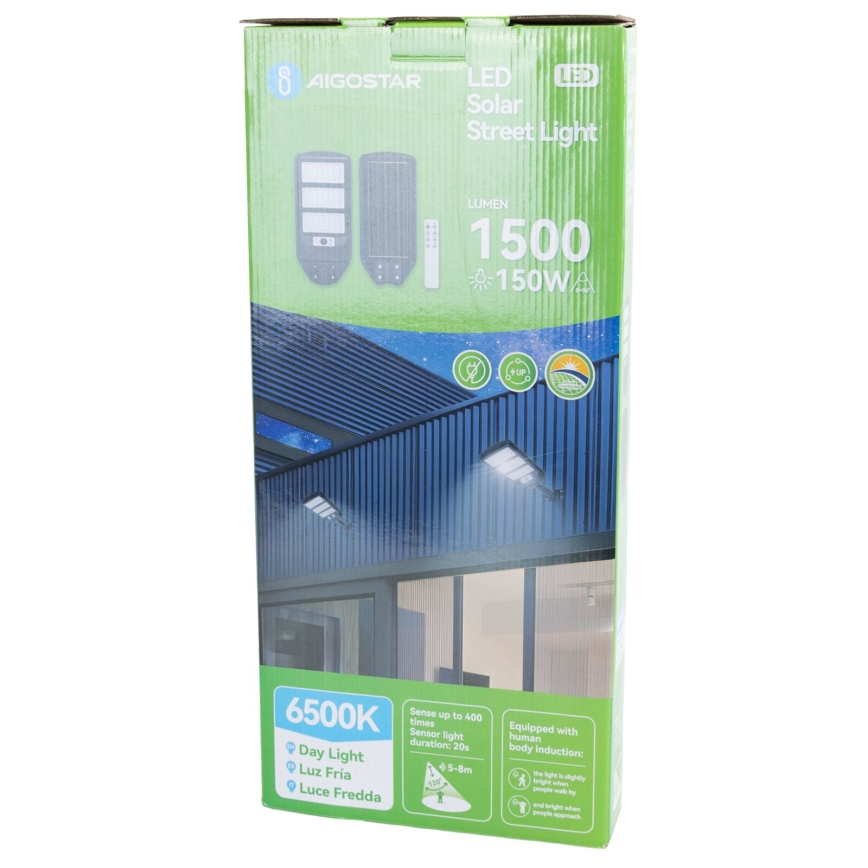 Aigostar - LED Solarna ulična svetilka s senzorjem LED/150W/3,2V 8000mAh IP65 6500K + Daljinski upravljalnik