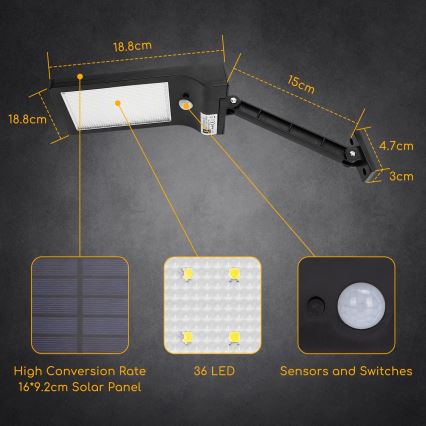 Aigostar - LED Solarna ulična svetilka s senzorjem LED/2,3W/5,5V 1800 mAh IP65