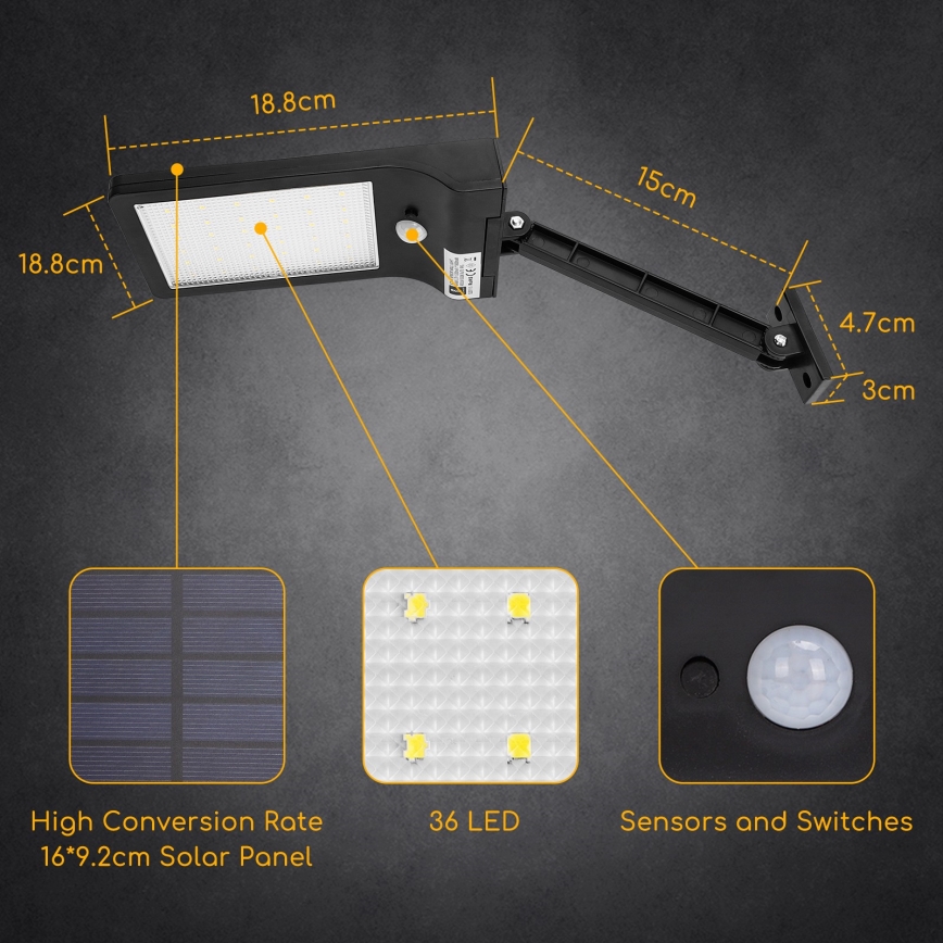 Aigostar - LED Solarna ulična svetilka s senzorjem LED/2,3W/5,5V 1800 mAh IP65
