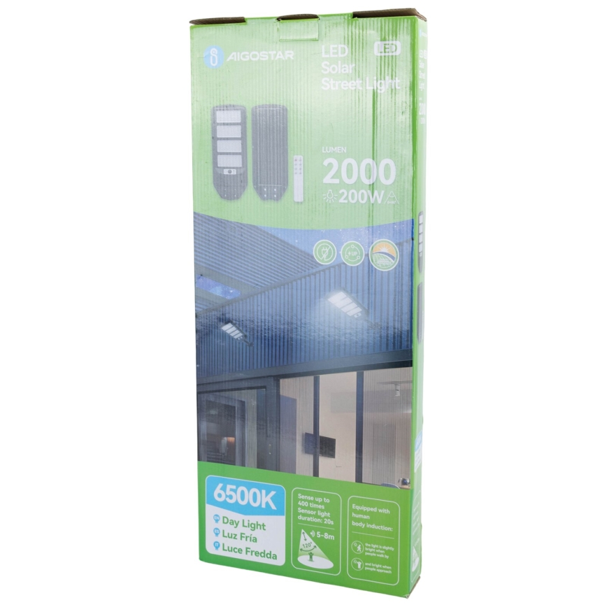 Aigostar - LED Solarna ulična svetilka s senzorjem LED/200W/3,2V 12000mAh IP65 6500K + Daljinski upravljalnik