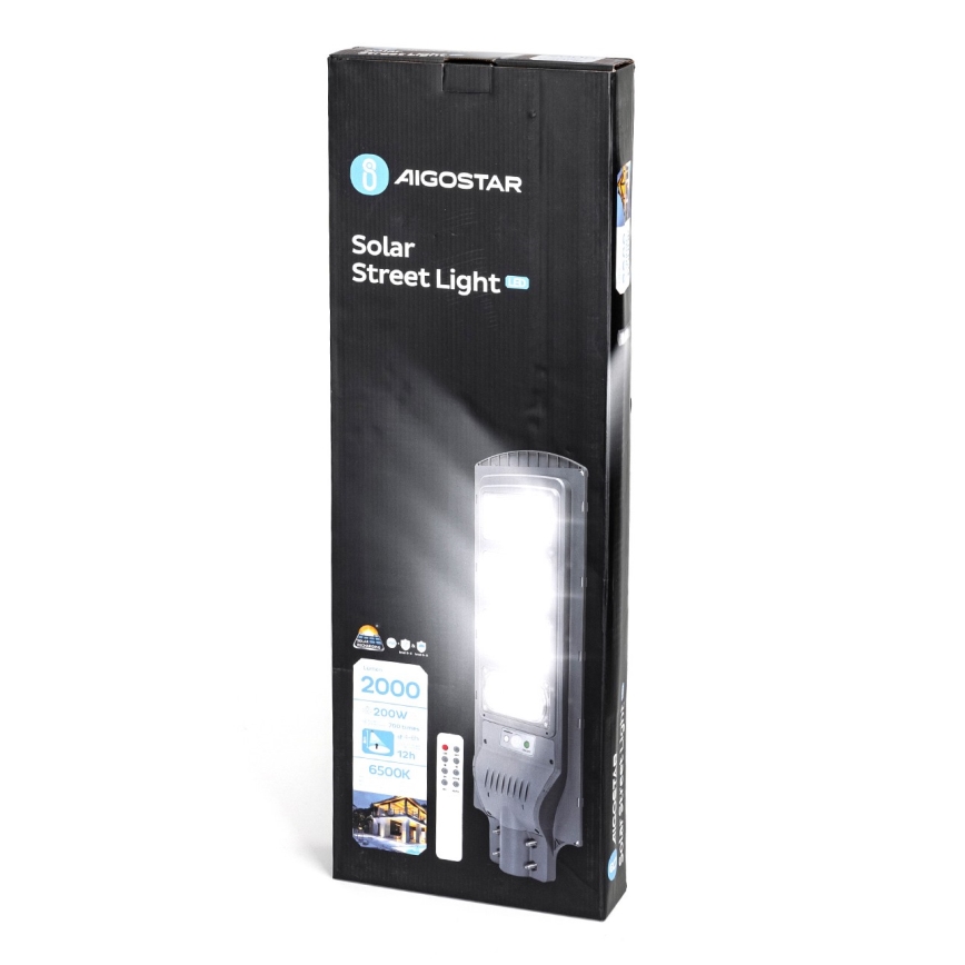 Aigostar - LED Solarna ulična svetilka s senzorjem LED/200W/3,2V 20000mAh IP65 6500K + Daljinski upravljalnik