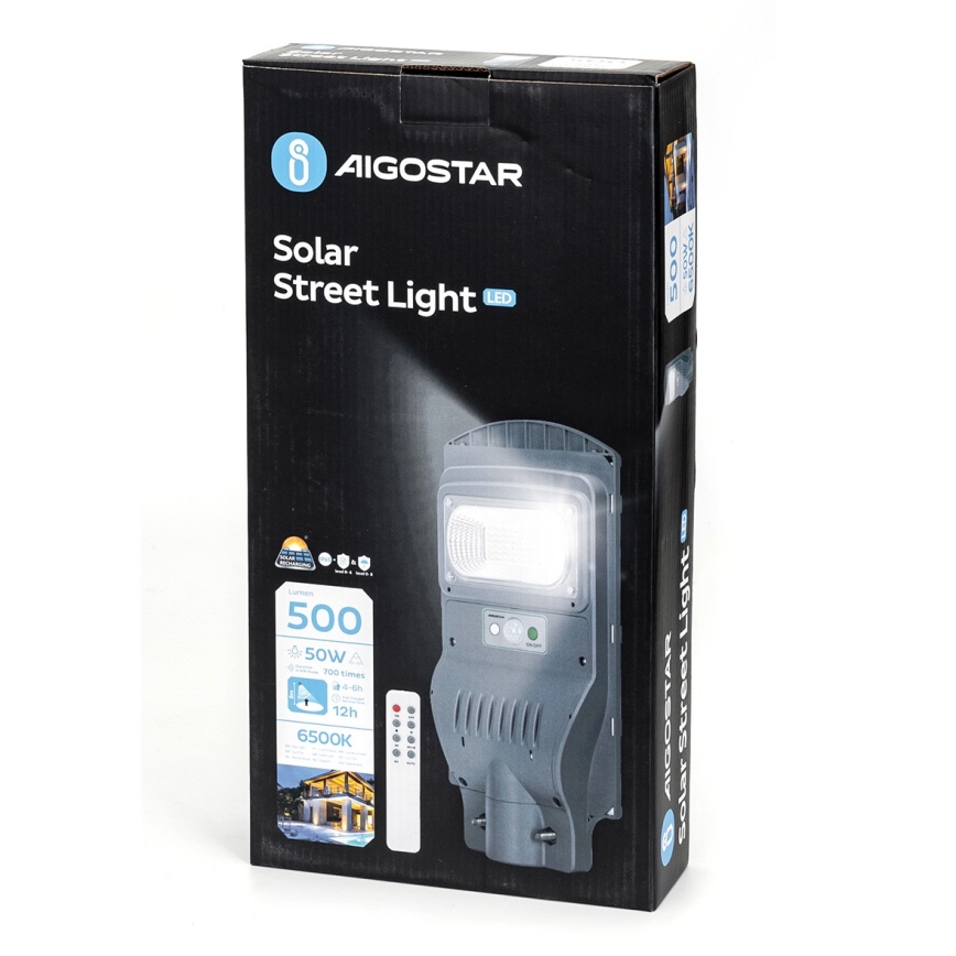 Aigostar - LED Solarna ulična svetilka s senzorjem LED/50W/3,2V 5000mAh IP65 6500K + Daljinski upravljalnik