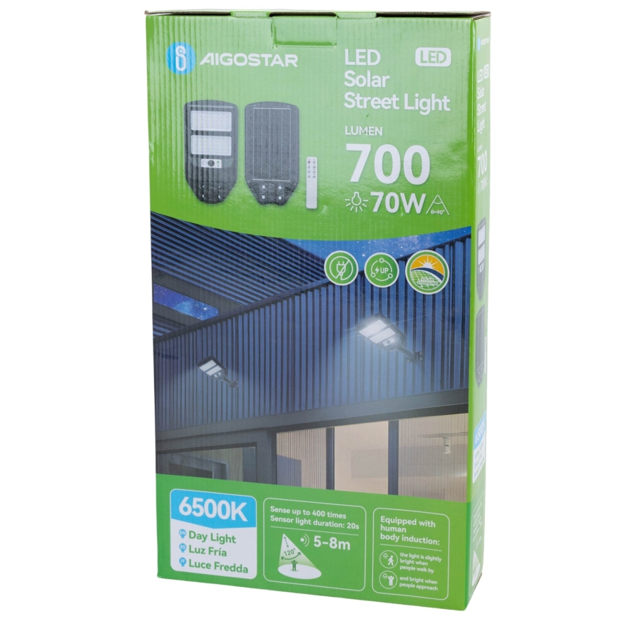 Aigostar - LED Solarna ulična svetilka s senzorjem LED/70W/3,2V 4000mAh IP65 6500K + Daljinski upravljalnik
