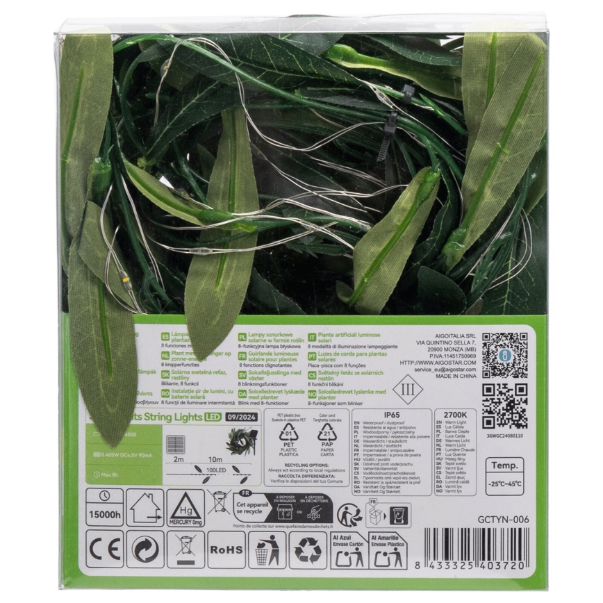 Aigostar - LED Solarna veriga 100xLED/12m IP65 topla bela oliva